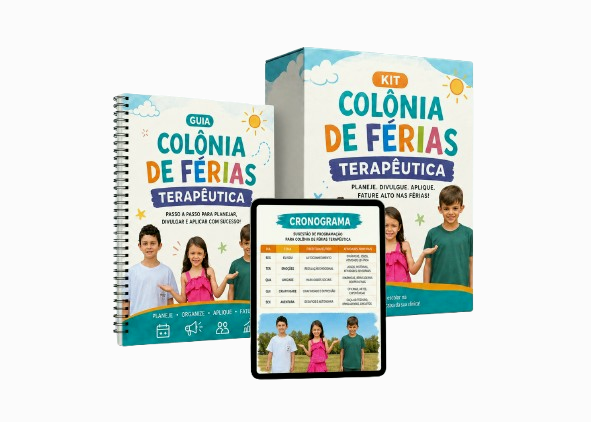 Kit Colônia de Férias Terapêutica em tablet, com guia, caixa e cronograma